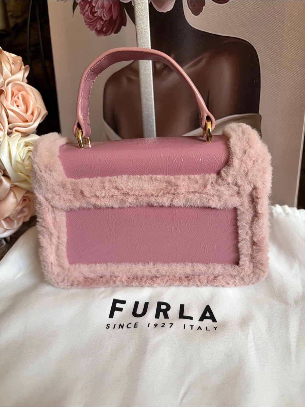 Furla Pink Faux Fur Trim Satchel - Picture 5 of 10